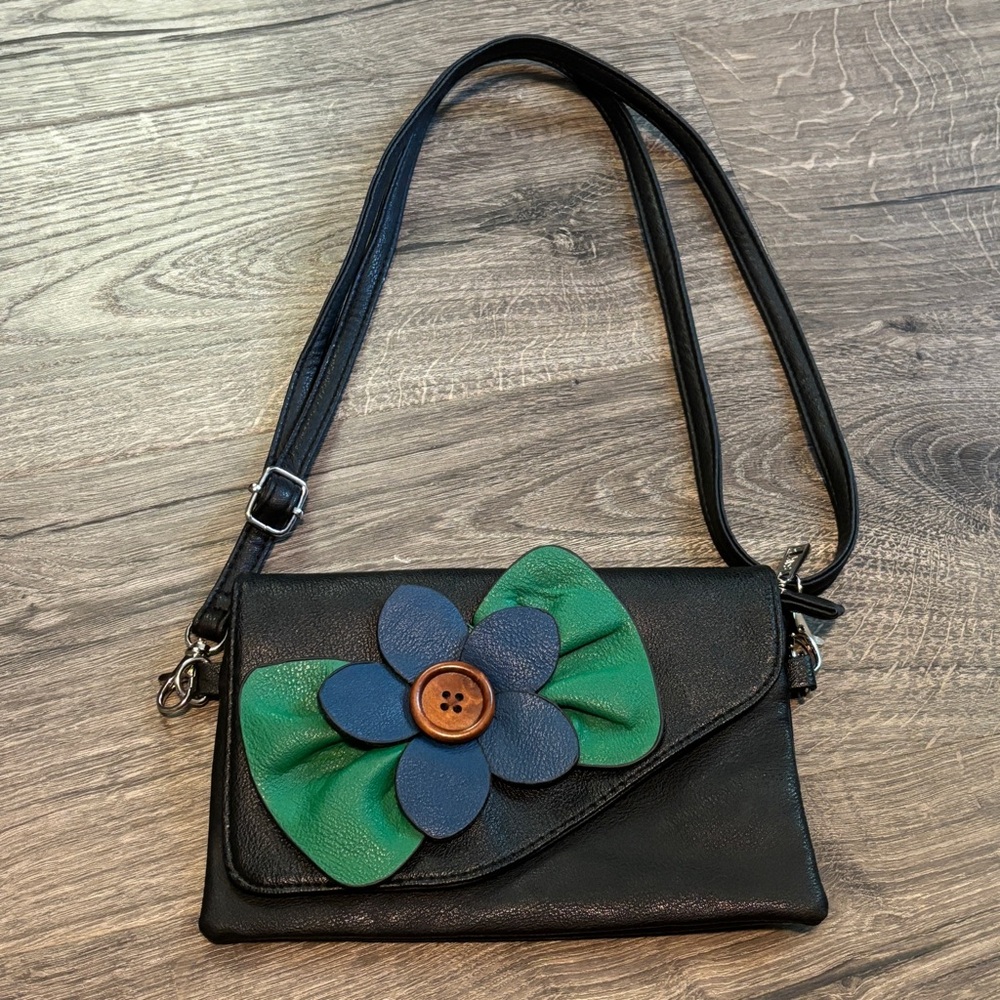 Sax Black and Green Clutch with Floral Embellishment